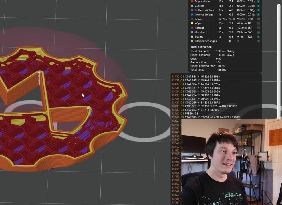 Computer screenshot of Maker's Muse Maker Coin CAD and 3D printing tutorial. A small Angus overlays on the bottom right, talking through the process of the slicer settings for the CAD maker's coin displayed on screen (showing the infill settings).